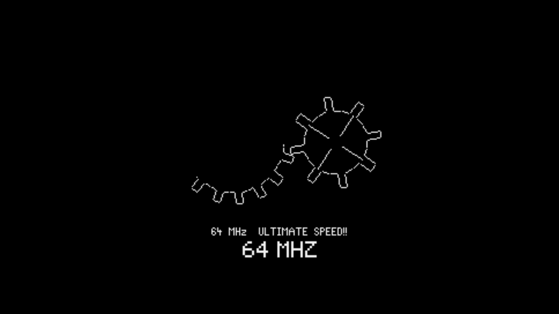 XOR gear animation on hires bitmap at 64 MHz, two meshing gears with speed ramp text