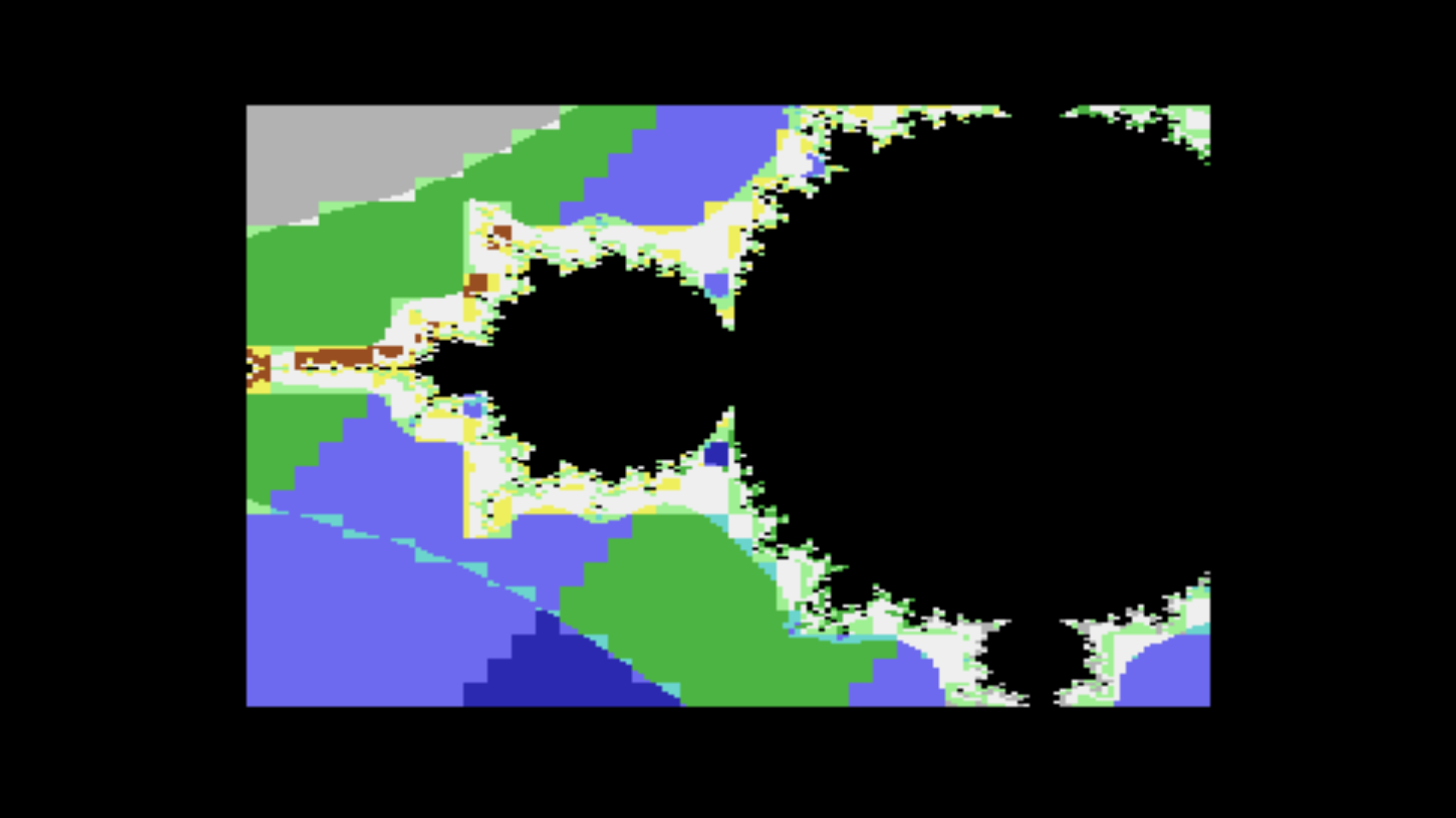 Colorized Mandelbrot fractal in multicolor bitmap mode -- seahorse valley region