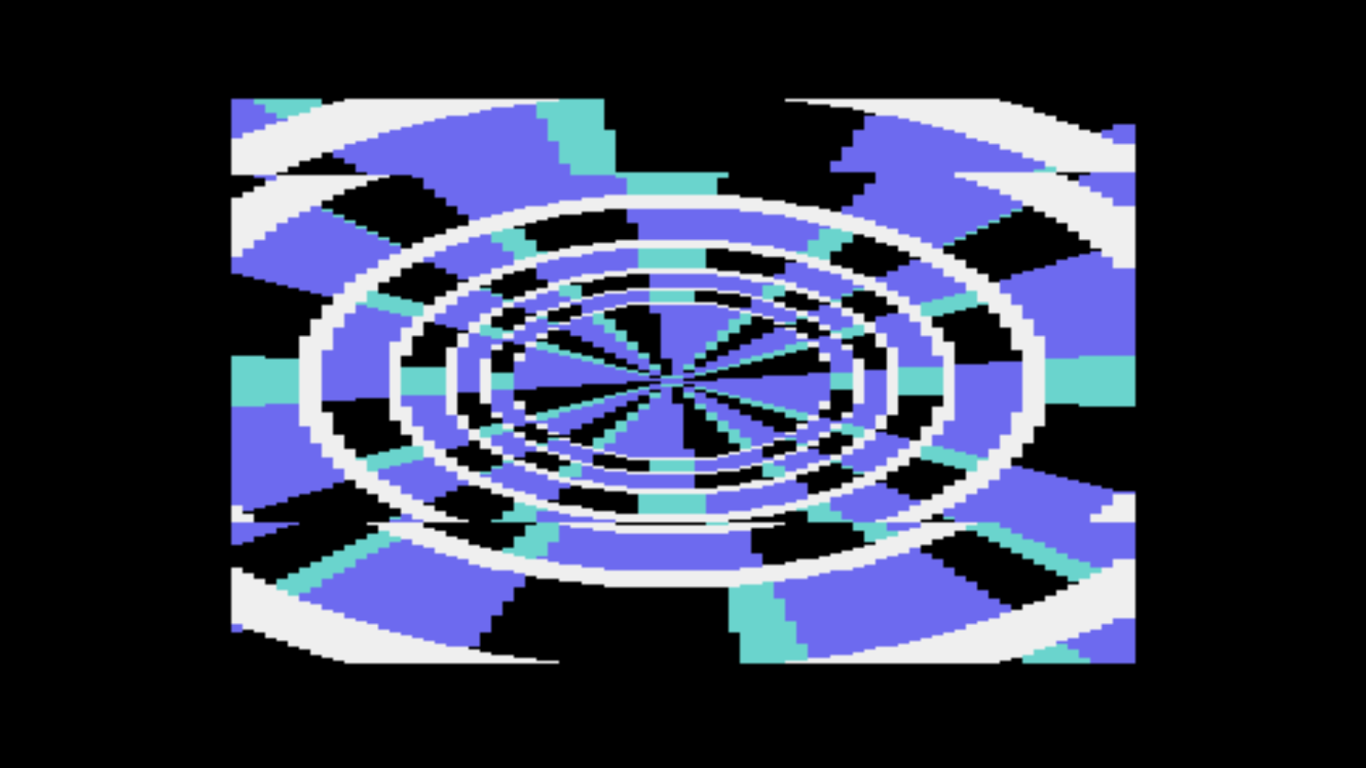 Texture-mapped 3D tunnel in multicolor mode with lateral sway -- blue, cyan, black, white