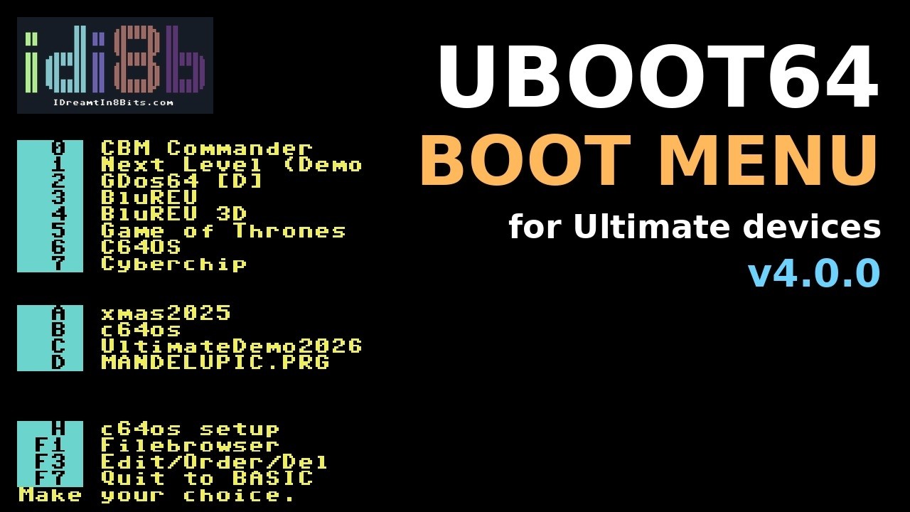 Ultimate 64: UBoot64 v4.0.0 - boot menu cartridge for the Ultimate 64 / Ultimate II+