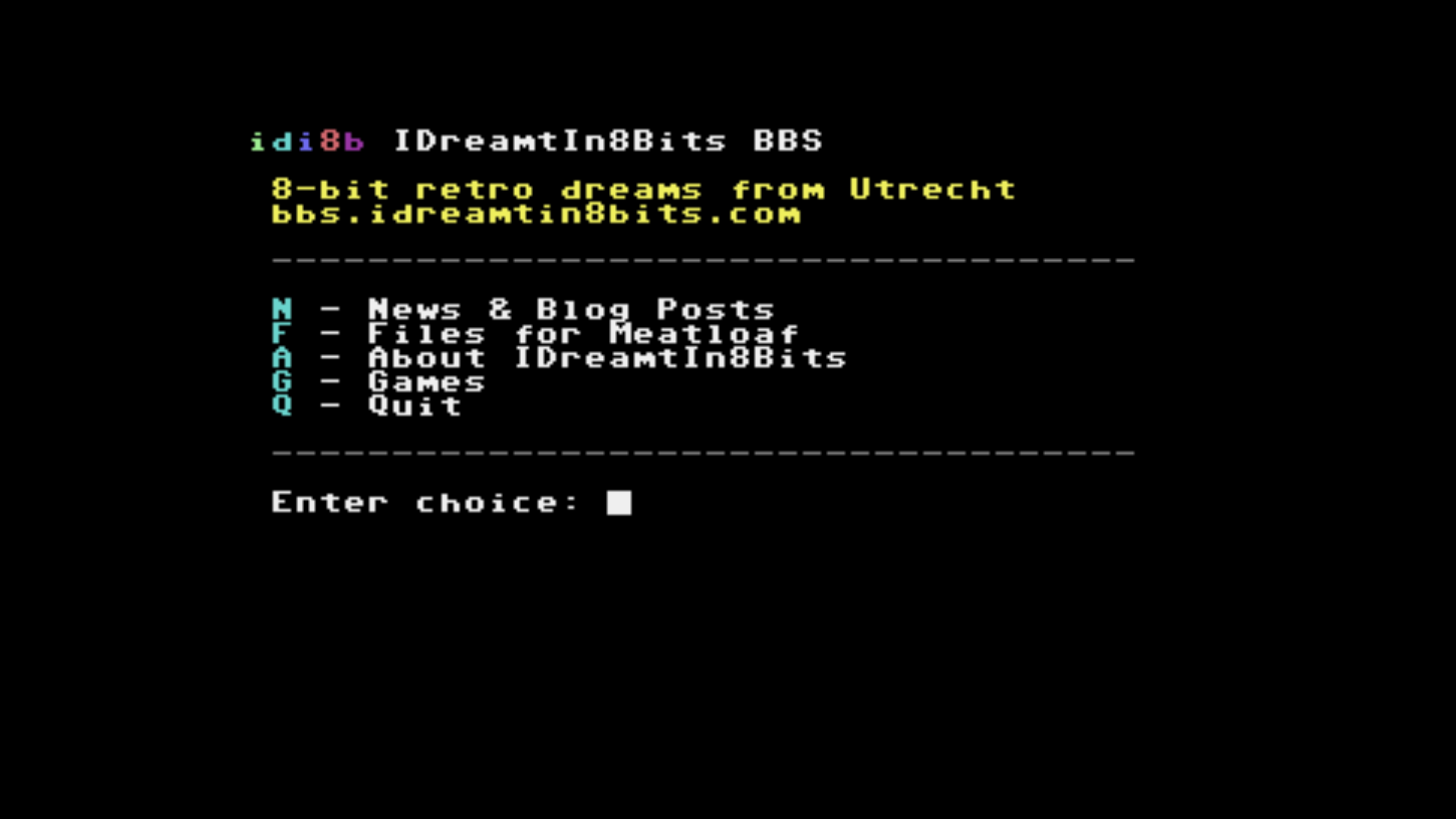 The BBS main menu on an ASCII/ANSI terminal, showing the News, Files, About, Games and Quit options