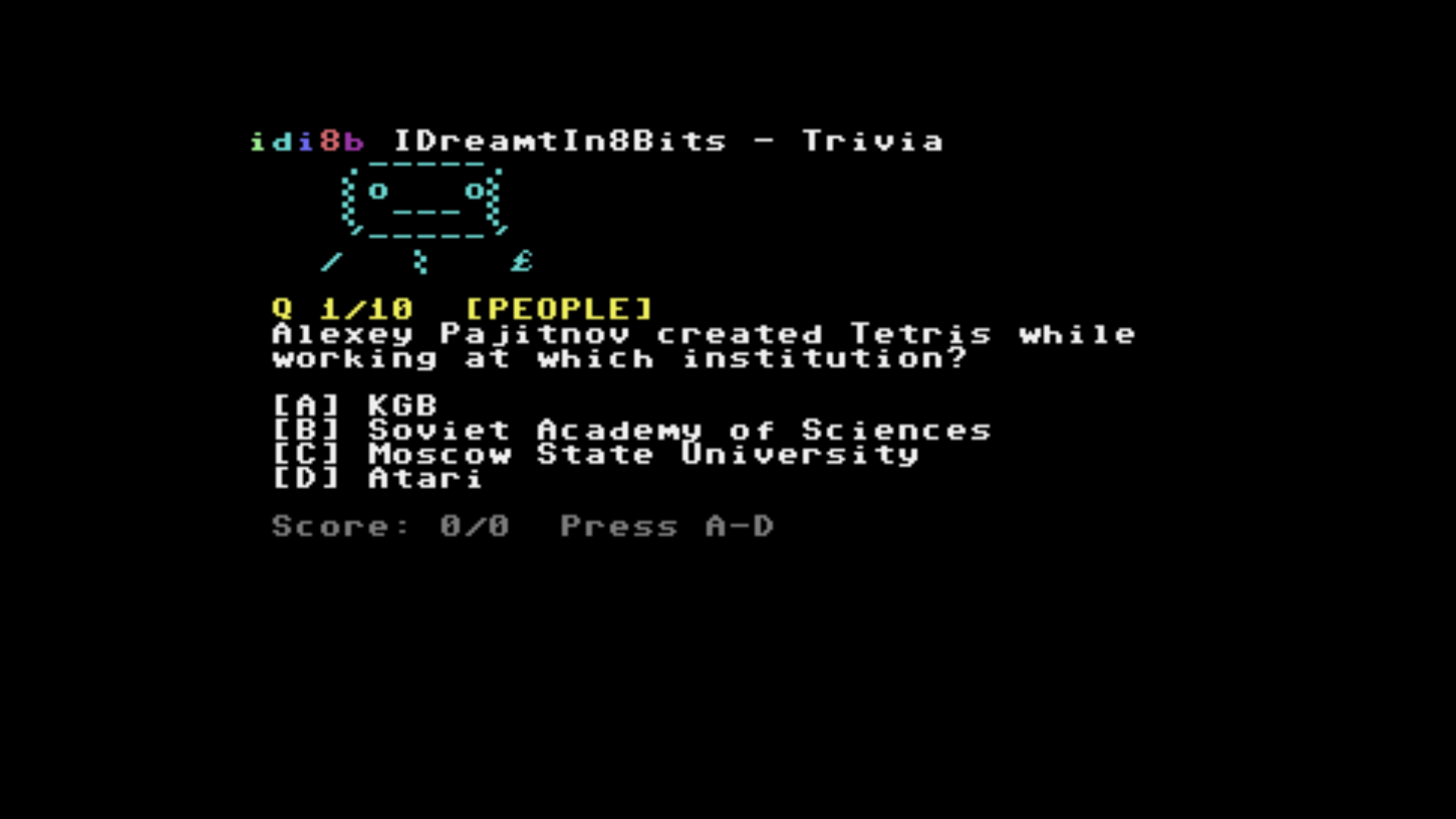 The 8-bit retro trivia quiz on a Commodore 64 -- question 1 of 10 from the People category, with four answer options A-D