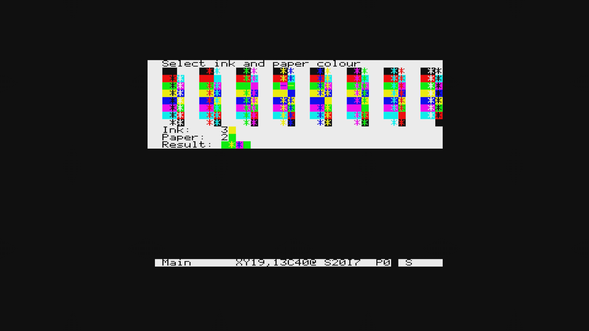 Colour picker: all 64 ink/paper combinations in a single view